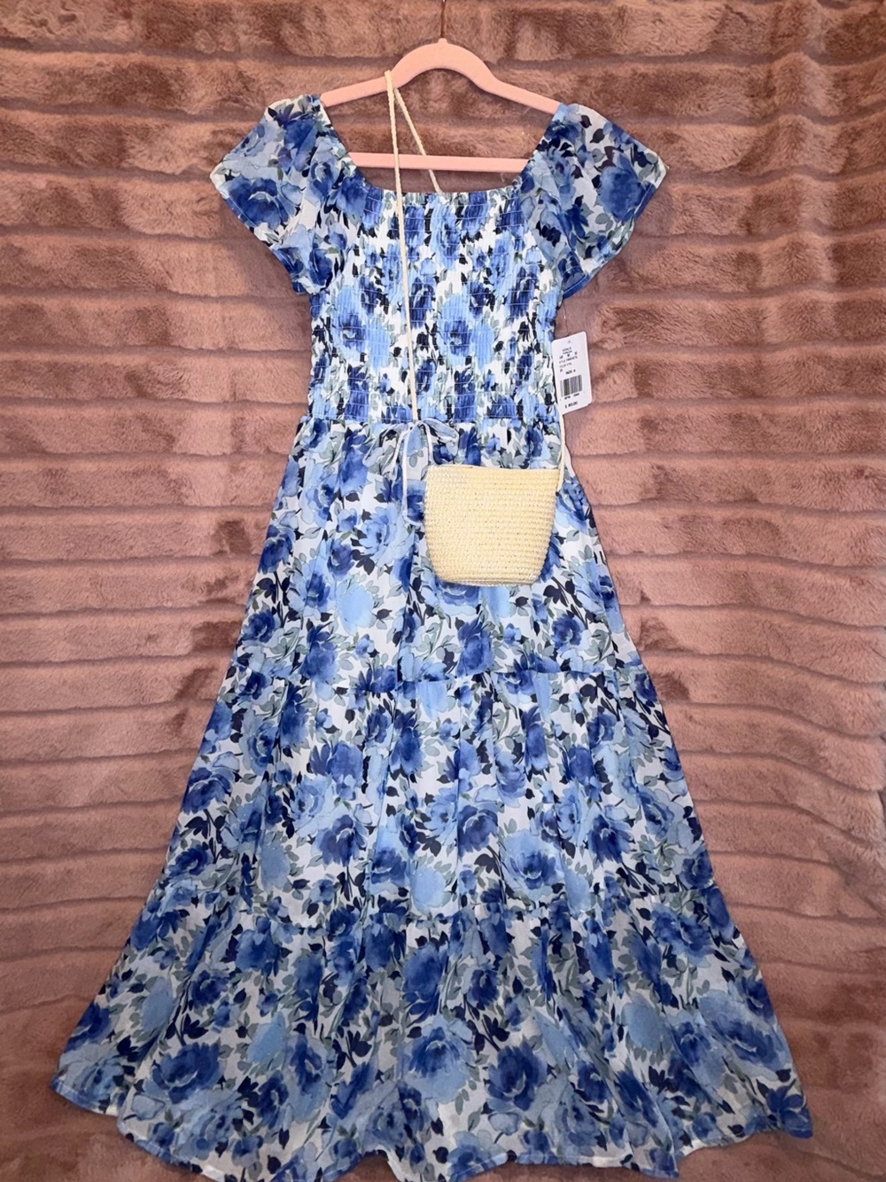 Speechless Blue Floral Smocked Maxi Dress with Straw Crossbody